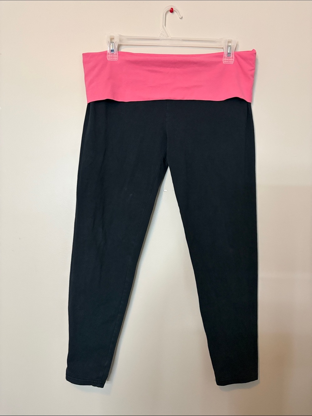 Women’s Black Leggings with Pink Fold-Over Waistband